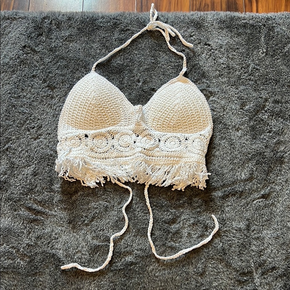 SHEIN White Crochet Fringe Crop Top